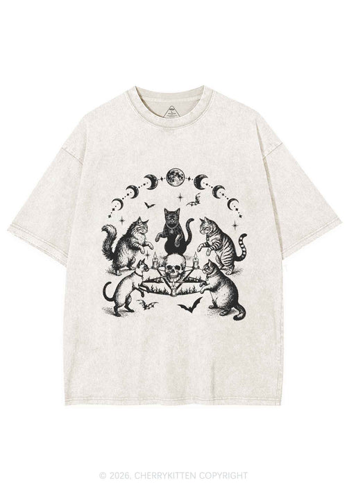 Halloween Cats Moon Phase Skull Y2K Shirts Washed Tee Cherrykitten