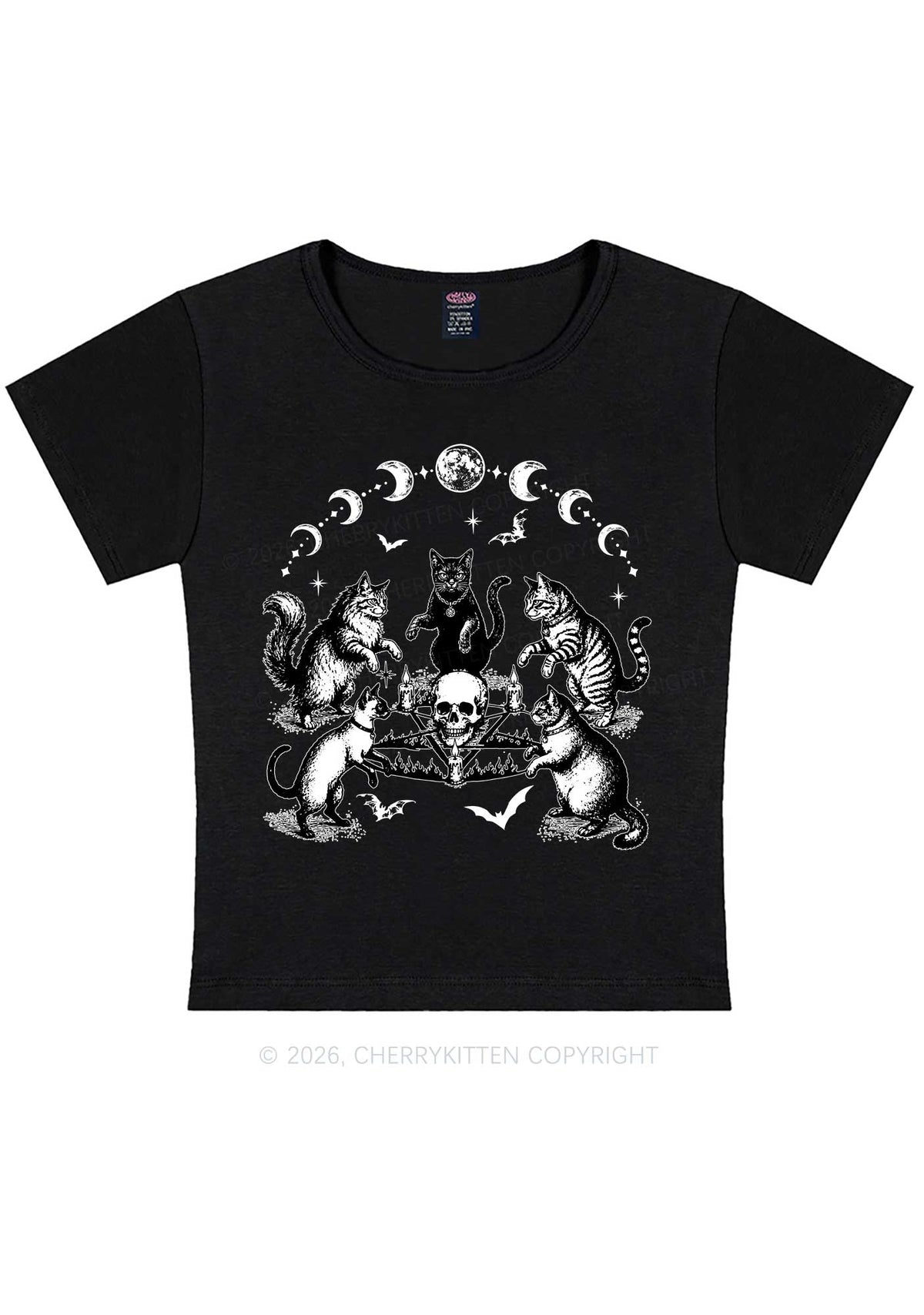 Halloween Cats Moon Phase Skull Y2K Baby Tee Cherrykitten