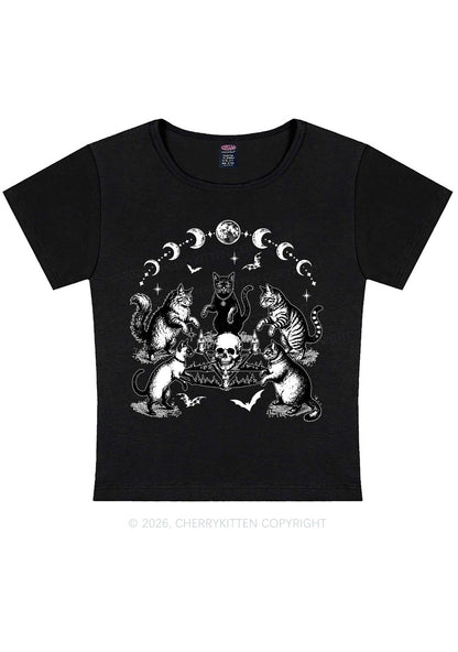 Halloween Cats Moon Phase Skull Y2K Baby Tee Cherrykitten