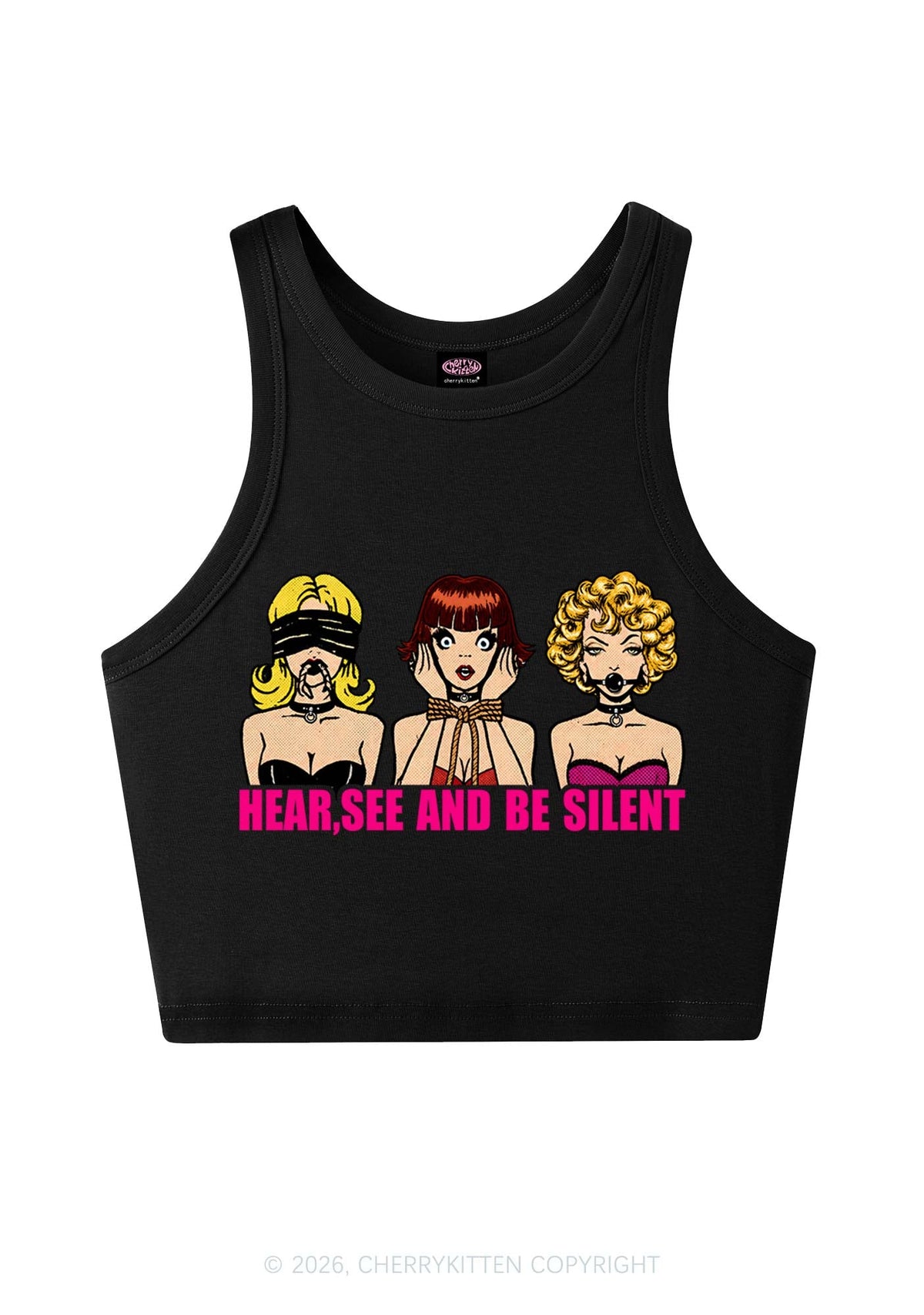 Hear See Be Silent Y2K Crop Tank Top Cherrykitten