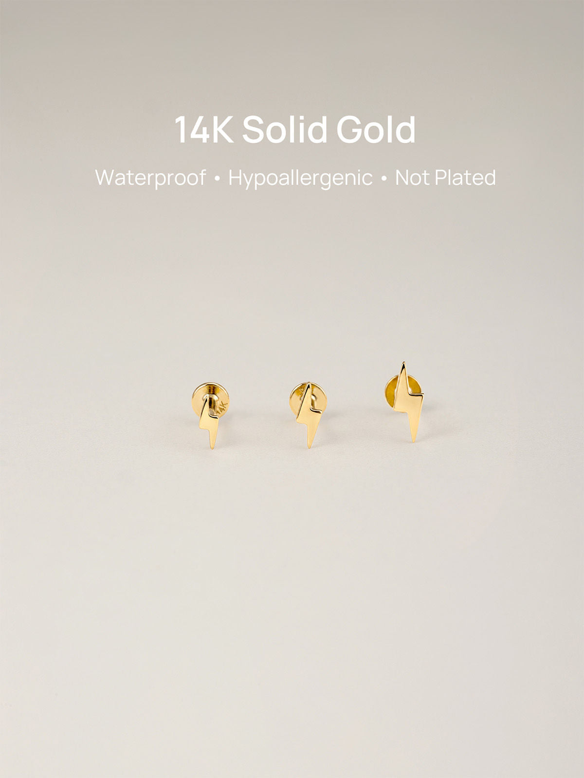 KOSINER 14K Solid Gold 4mm Minimalist Glossy Lightning Flat Back Stud