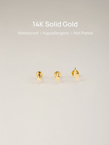 KOSINER 14K Solid Gold 4mm Minimalist Glossy Lightning Flat Back Stud