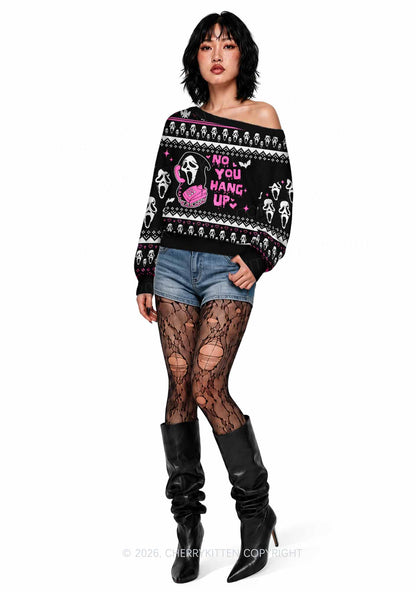 Halloween No You Hang Up Y2K Off Shoulder Knit Sweatshirt Cherrykitten