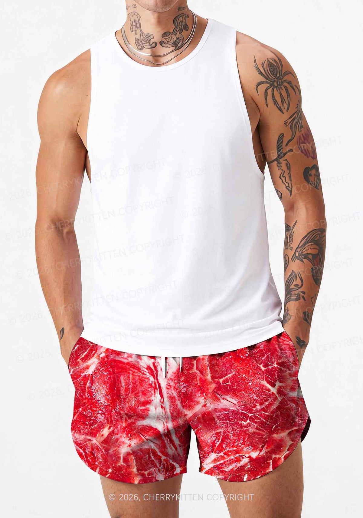 Beef Steak Texture Y2K Print Men Beach Shorts Cherrykitten