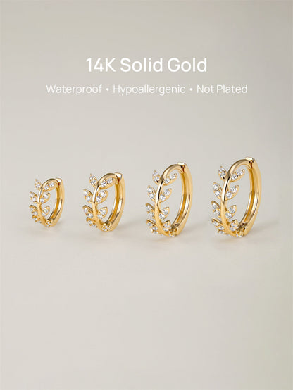 KOSINER 14K Solid Gold Delicate Leaf Hoop