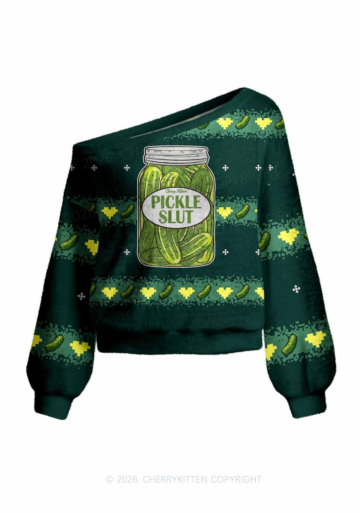 Green Pickle Slxt Y2K Off Shoulder Knit Sweatshirt Cherrykitten