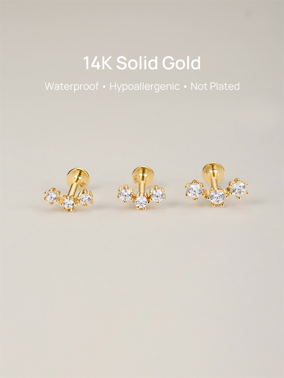 KOSINER 14K Solid Gold Delicate Triple-Point Cluster Flat Back Stud