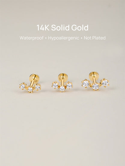 KOSINER 14K Solid Gold Delicate Triple-Point Cluster Flat Back Stud