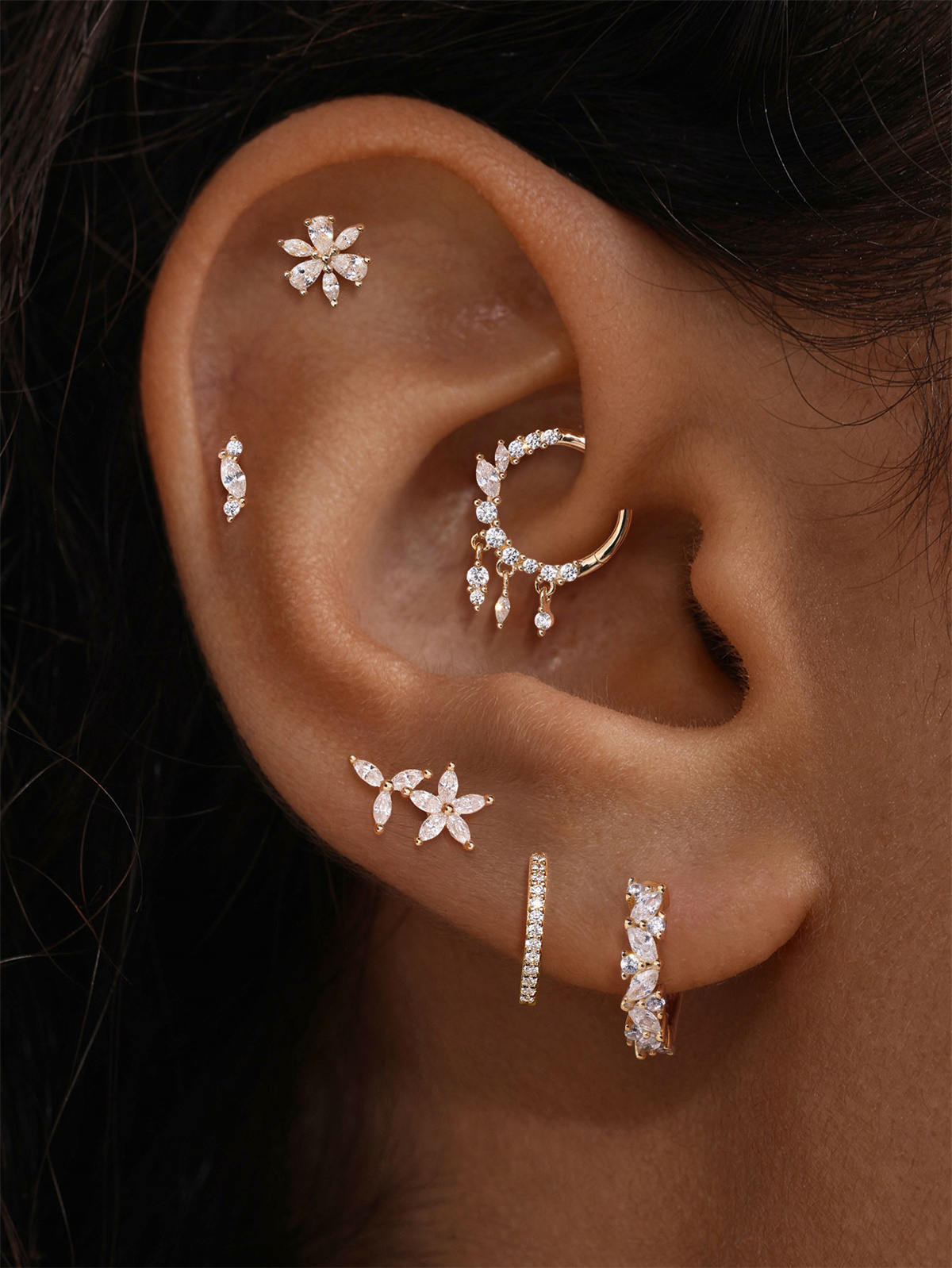 KOSINER Marquise 14K Solid Gold Six-Petal Flower Flat Back Stud