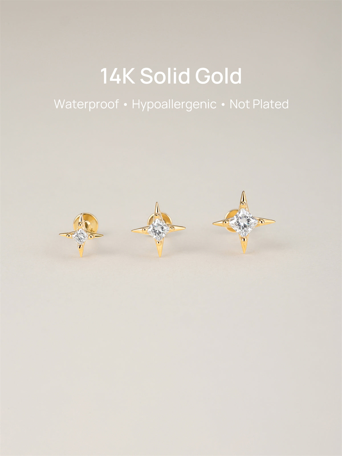 KOSINER 14K Solid Gold Delicate Four-Point Star Flat Back Stud
