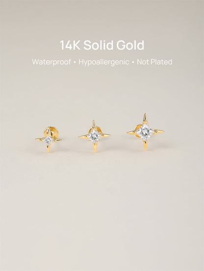 KOSINER 14K Solid Gold Delicate Four-Point Star Flat Back Stud