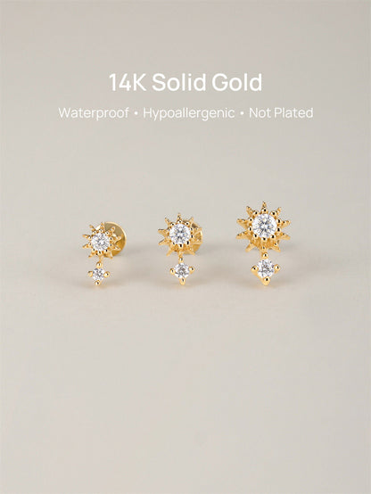 KOSINER 14K Solid Gold 6MM Delicate Sunflower Flat Back Stud