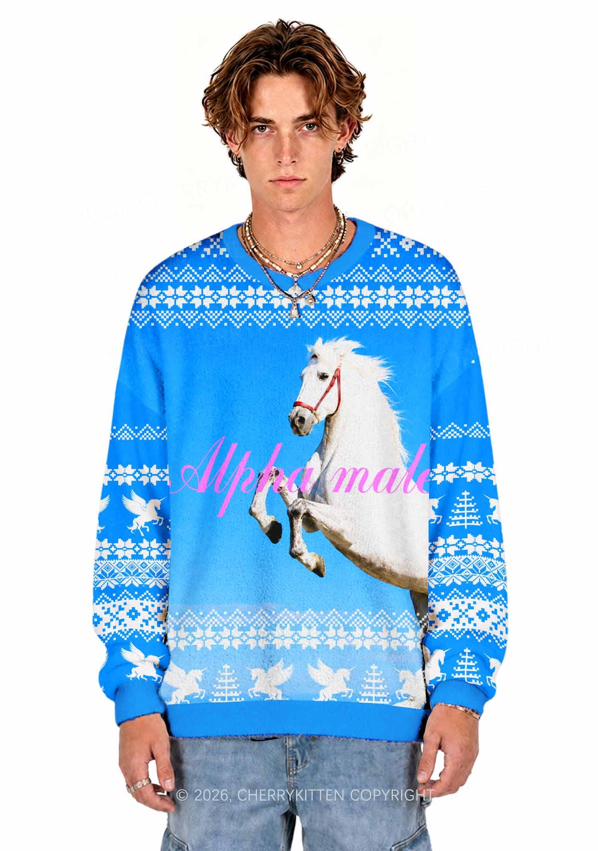 Blue Sky Alpha Male Horse Y2K Knit Sweatshirt Cherrykitten