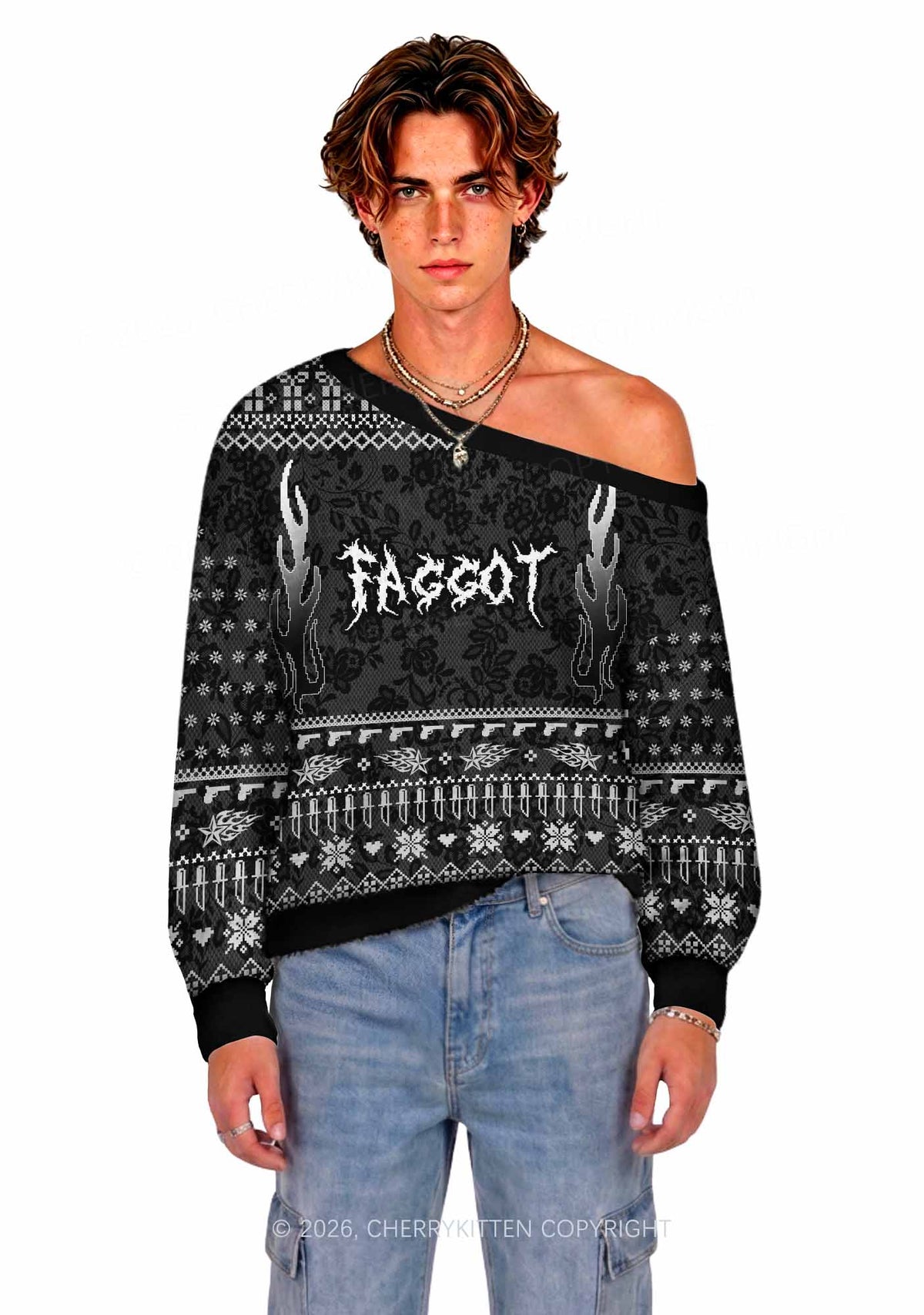 Punk Faggot Pride Y2K Off Shoulder Knit Sweatshirt Cherrykitten