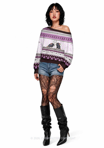 Pixel Smoking Rats Y2K Off Shoulder Knit Sweatshirt Cherrykitten