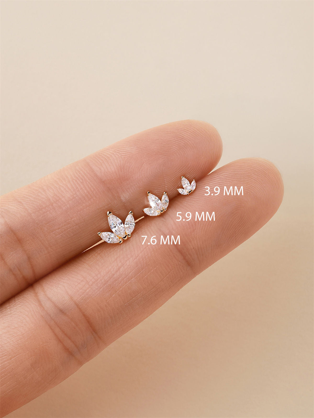 KOSINER 14K Solid Gold Delicate Marquise Trio Flat Back Stud
