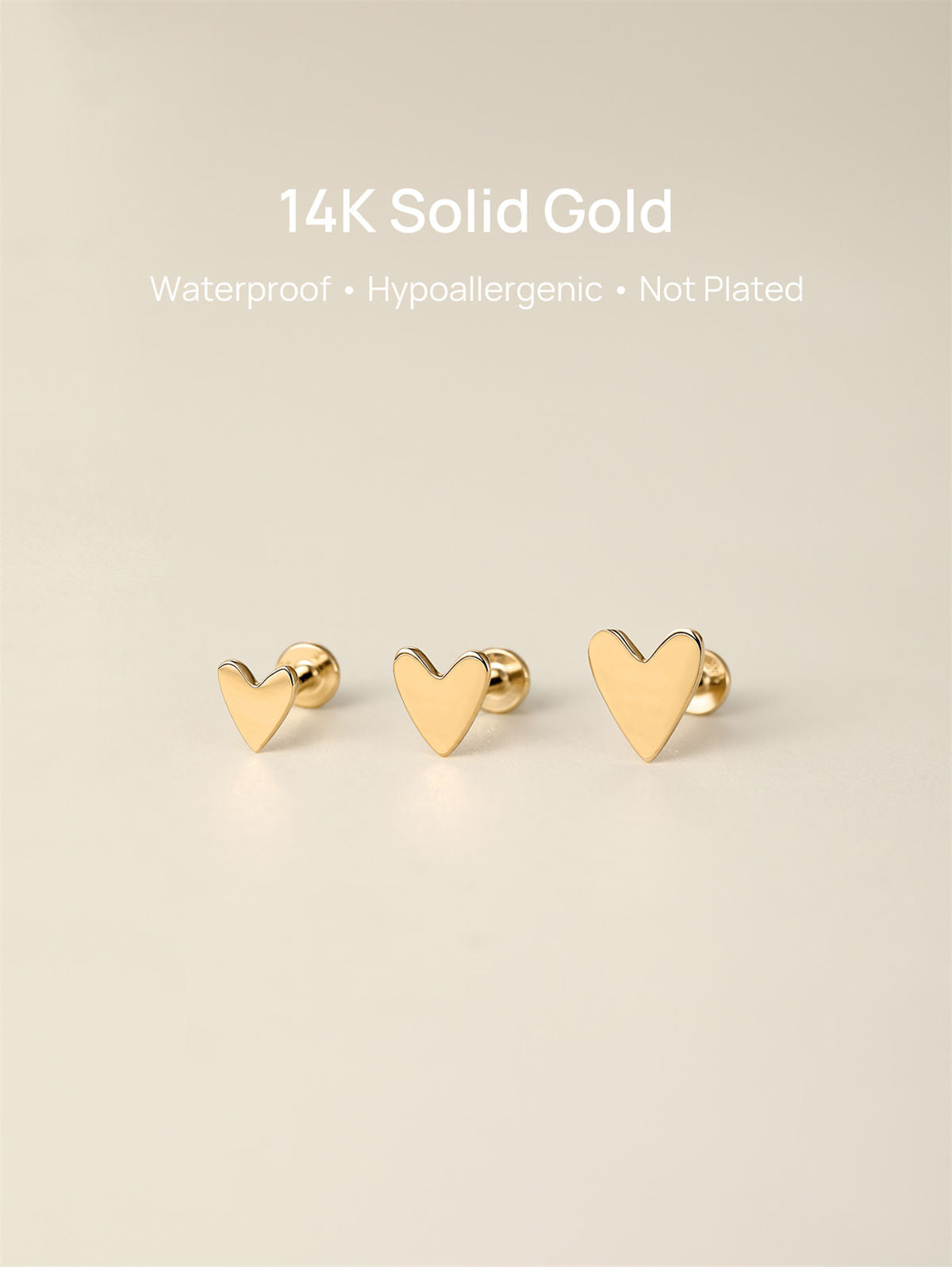 KOSINER 14K Solid Gold Minimalist Glossy Heart Flat Back Stud