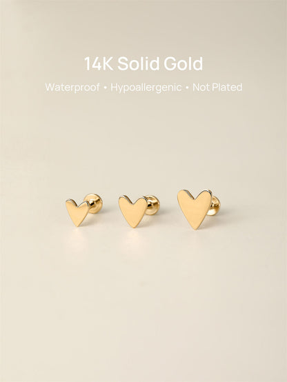 KOSINER 14K Solid Gold Minimalist Glossy Heart Flat Back Stud