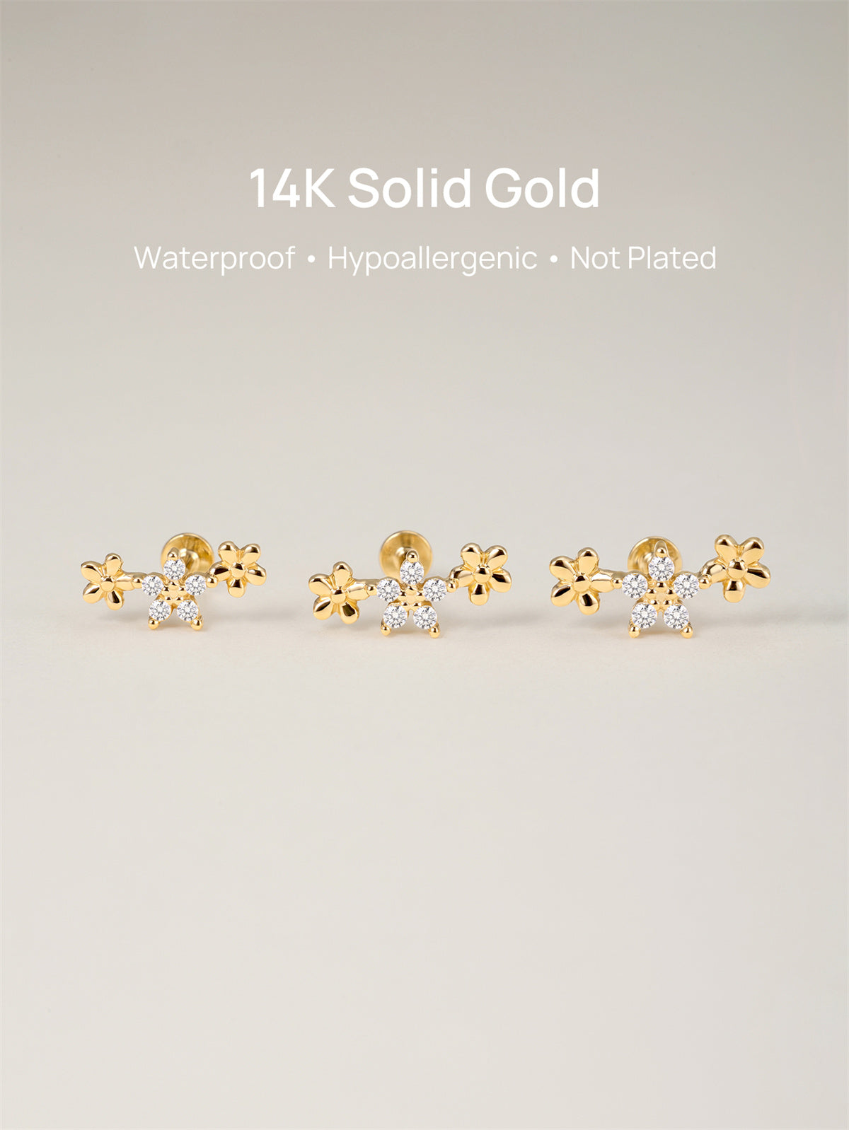 KOSINER 14K Solid Gold Elegant Flower Trio Flat Back Stud