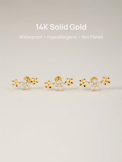 KOSINER 14K Solid Gold Elegant Flower Trio Flat Back Stud
