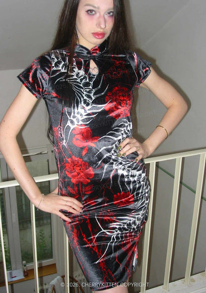 Halloween Centipede Red Floral Y2K Cheongsam Mini Dress Cherrykitten
