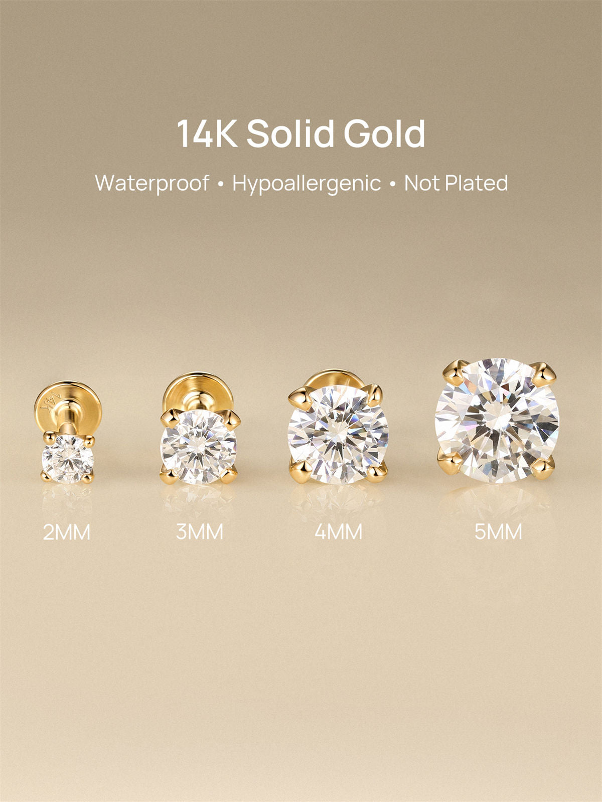KOSINER 14K Solid Gold Minimalist 2MM Flat Back Stud