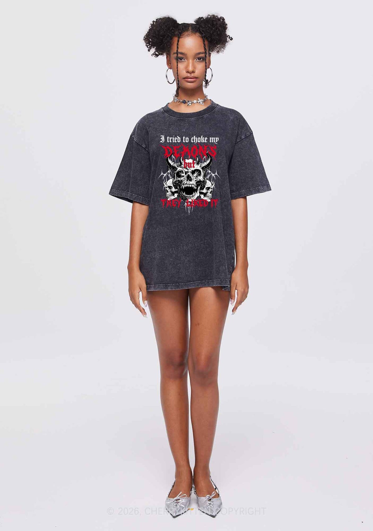 Halloween Choke My Demons Y2K Shirts Washed Tee Cherrykitten