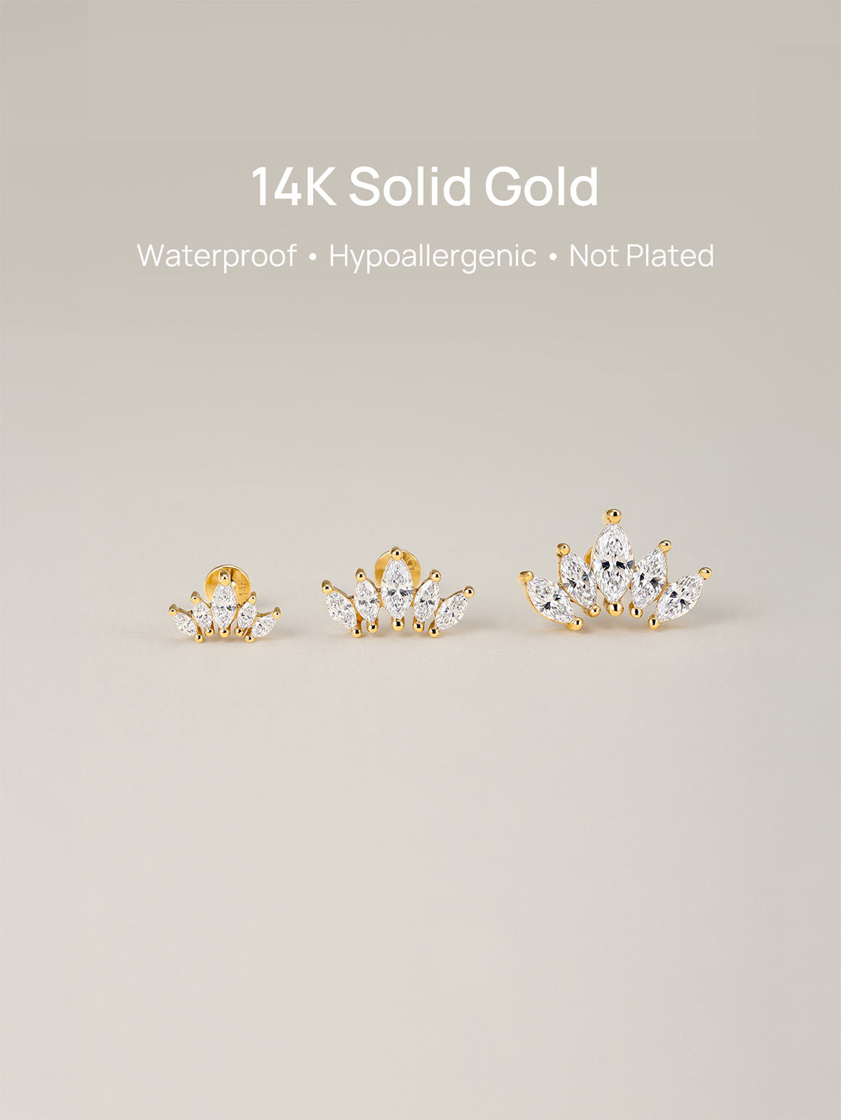 KOSINER 14K Solid Gold Delicate Marquise Crown Flat Back Stud