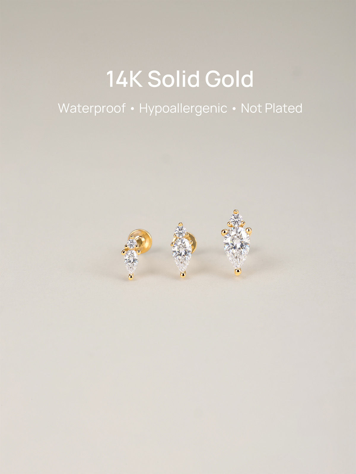 KOSINER 14K Solid Gold Minimalist Pear Flat Back Stud