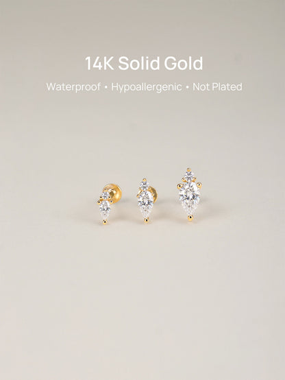 KOSINER 14K Solid Gold Minimalist Pear Flat Back Stud