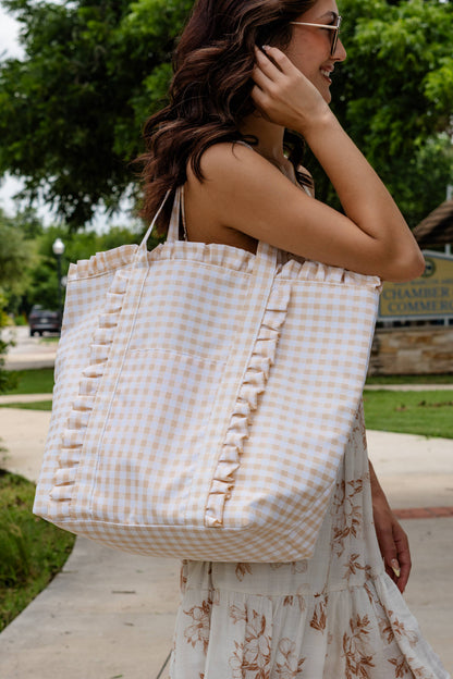 Gingham Ruffle Tote Bag -Tan