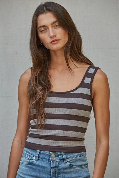 Knit Striped Seamless Padded Tank Top - Coffee Bean