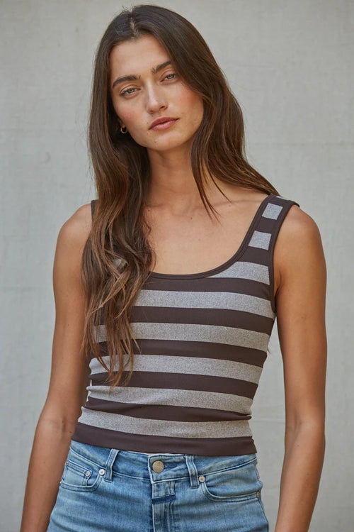 Knit Striped Seamless Padded Tank Top - Coffee Bean