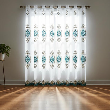 Embroidered Medallion Curtain Set – 2 Panel Window Drapes with Attached Backing & Matching Valance