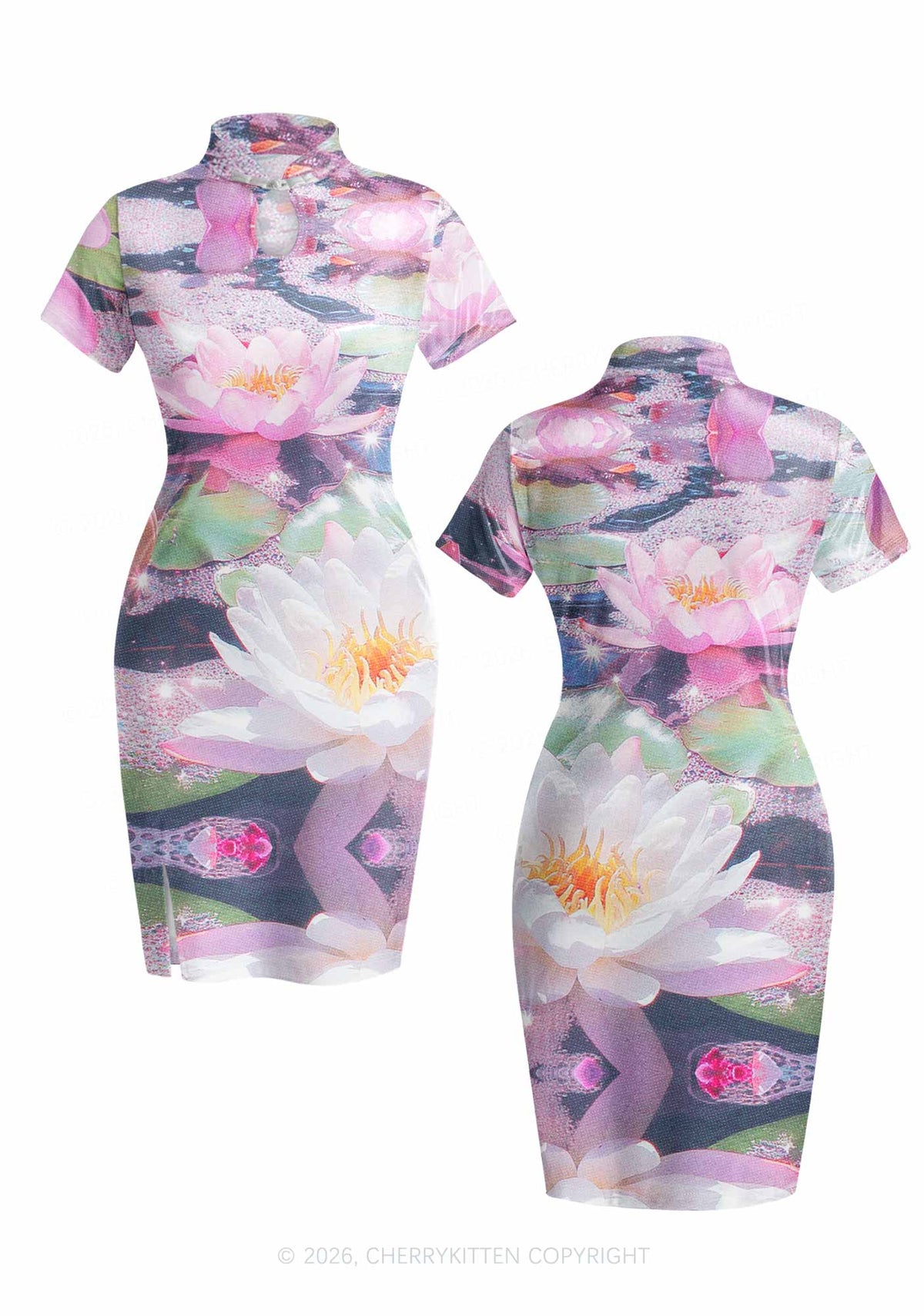 Glitter Lotus Y2K Cheongsam Mini Dress Cherrykitten
