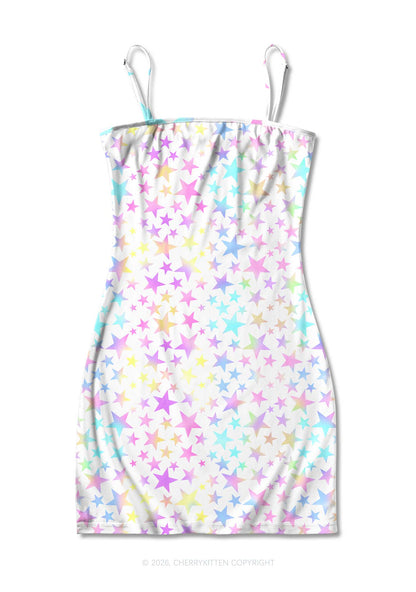 Rainbow Star On White Y2K Print Slip Dress Cherrykitten