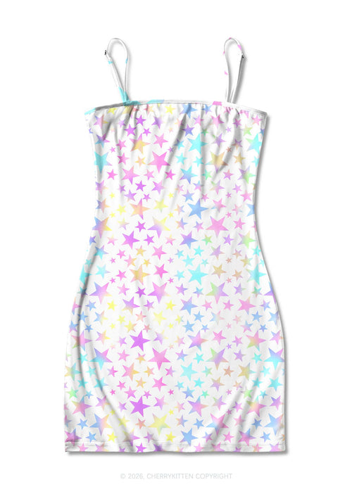Rainbow Star On White Y2K Print Slip Dress Cherrykitten