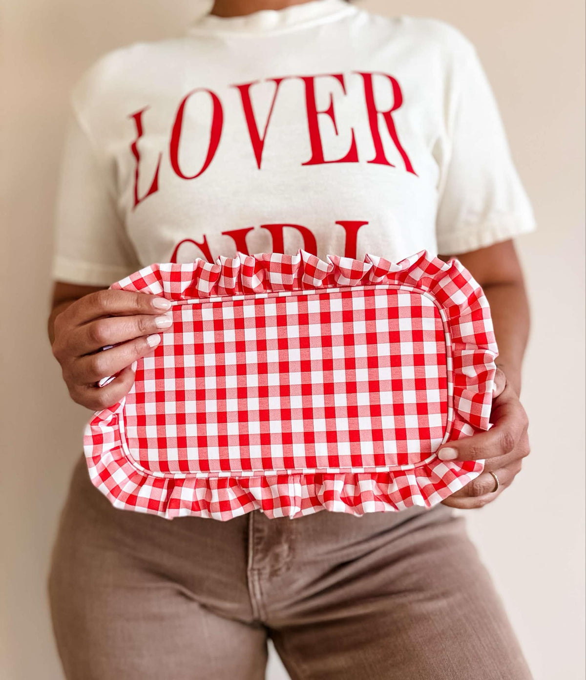 Gingham Ruffle Zipper Pouch - Red