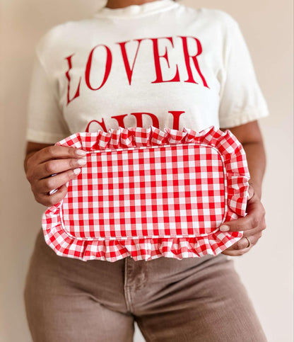 Gingham Ruffle Zipper Pouch - Red