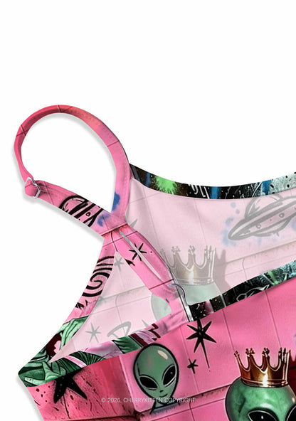 Alien Angel Graffiti Wall Y2K Print Slip Dress Cherrykitten