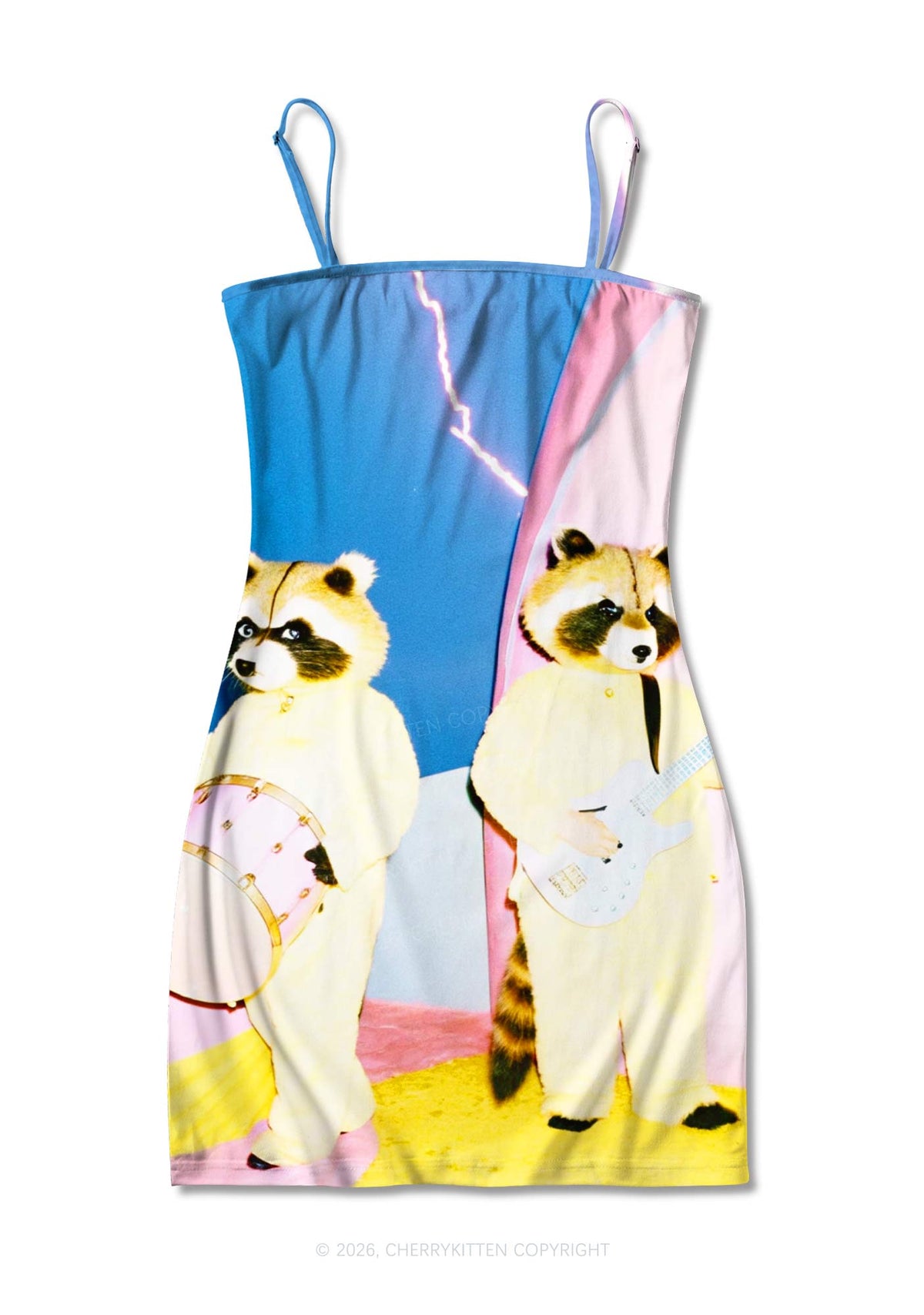 Raccoon Band Y2K Print Slip Dress Cherrykitten