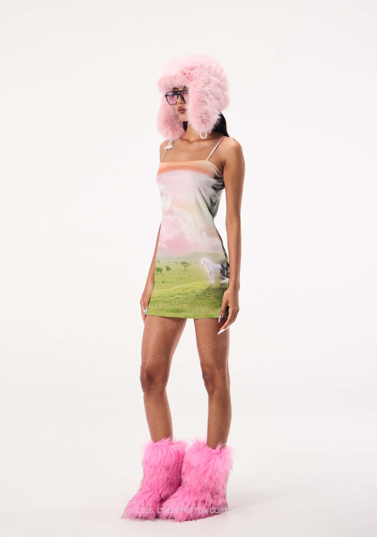 Lesbian Rainbow Pony Pride Y2K Print Slip Dress Cherrykitten