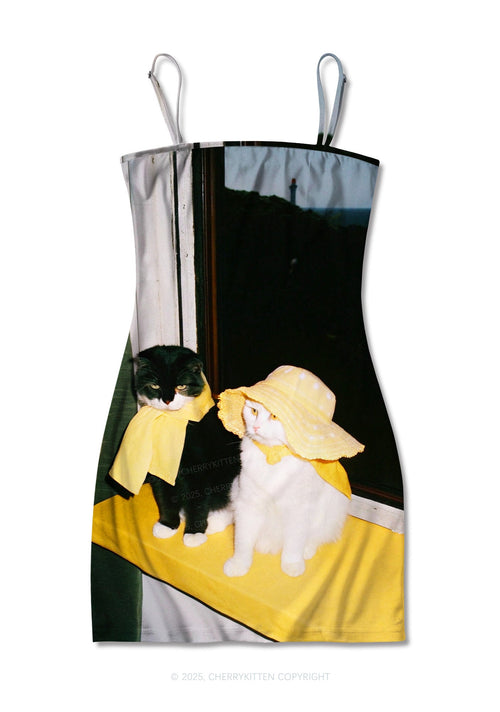 Cats Friend Y2K Print Slip Dress Cherrykitten