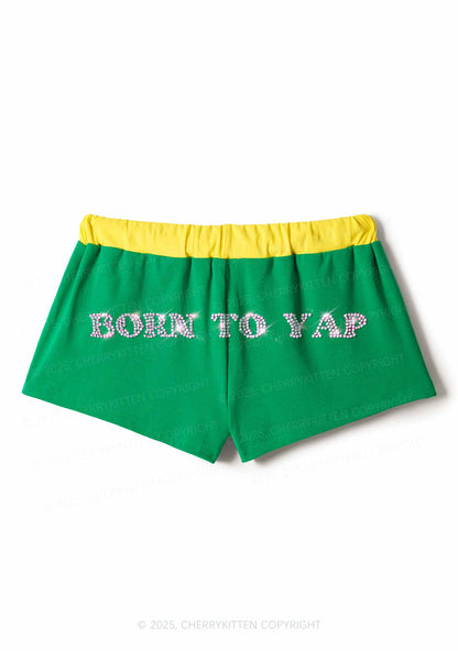 Rhinestone Born To Yap Y2K Drawstring Mini Shorts Cherrykitten
