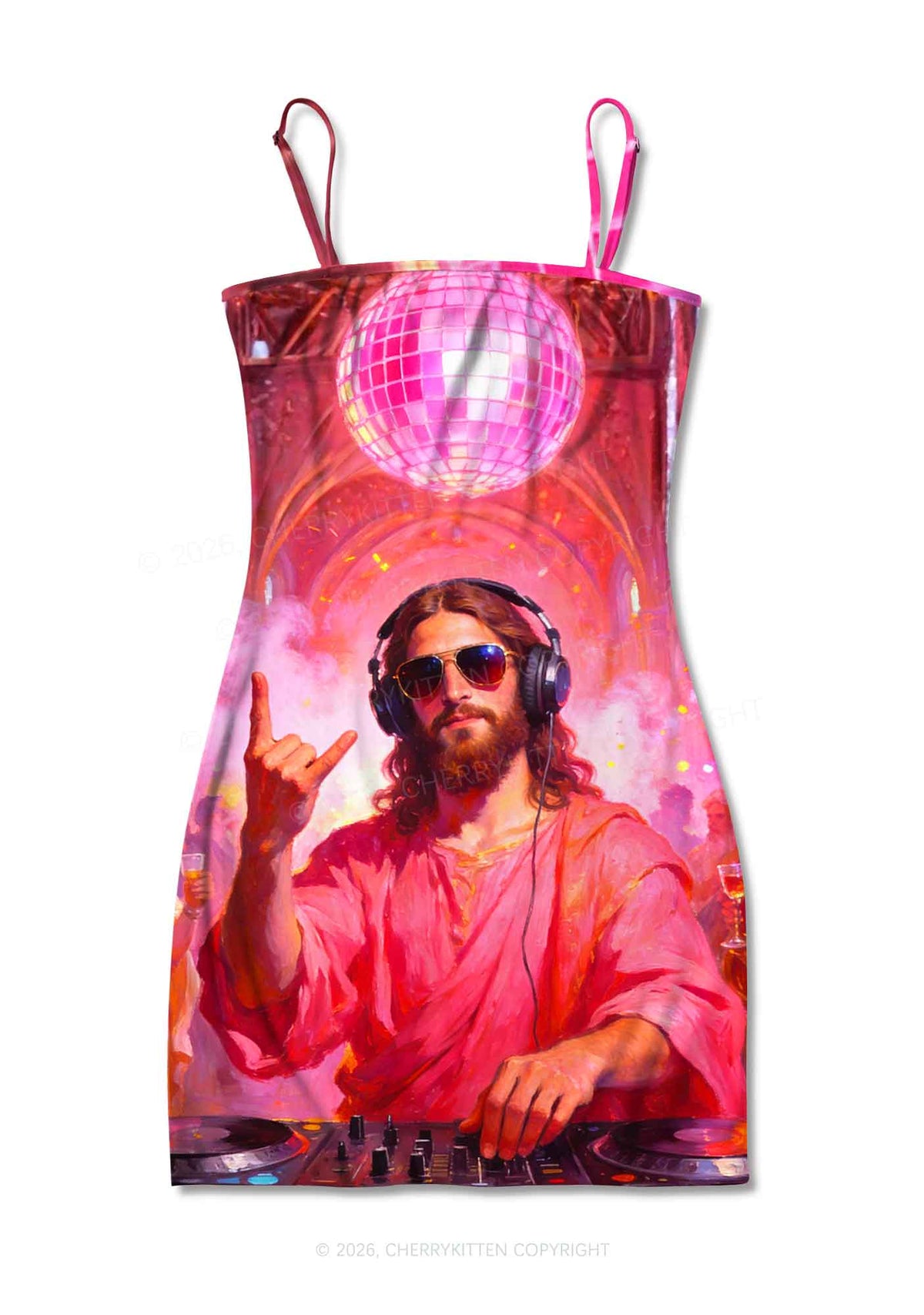 Disco Jesus DJ Y2K Print Slip Dress Cherrykitten