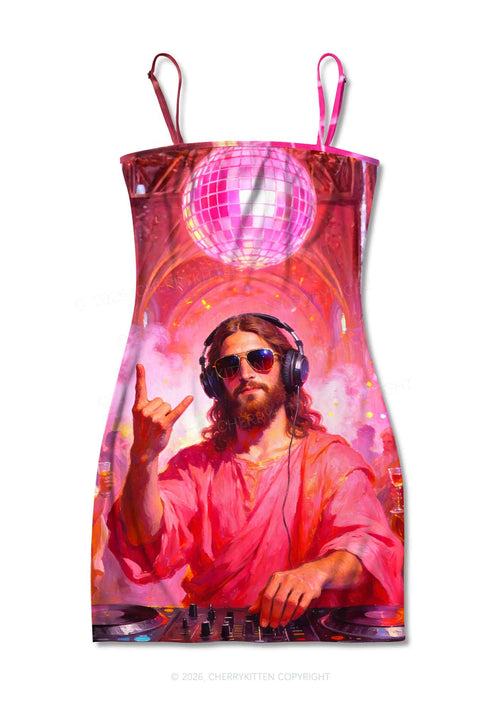 Disco Jesus DJ Y2K Print Slip Dress Cherrykitten
