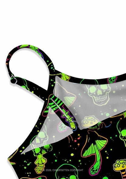 Neon Skull Mushroom Y2K Print Slip Dress Cherrykitten