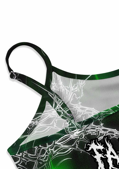 Green Gothic Faggot Pride Y2K Print Slip Dress Cherrykitten