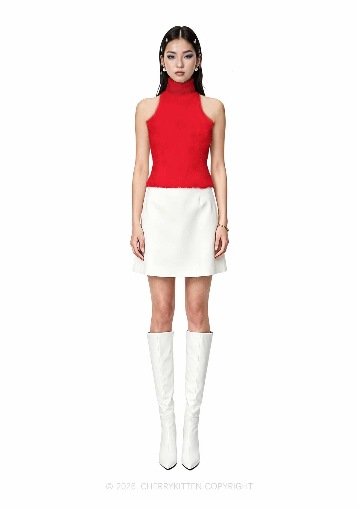 Plain Red Y2K Knit Turtleneck Tank Top Cherrykitten