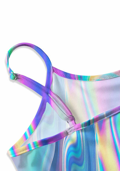 Holographic Iridescent Swirl Y2K Print Slip Dress Cherrykitten